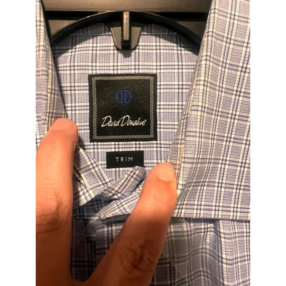 David Donahue Mens Cotton Dress Shirt 17 34/35 Blue White Plaid Trim Fit Woven - Picture 2 of 6